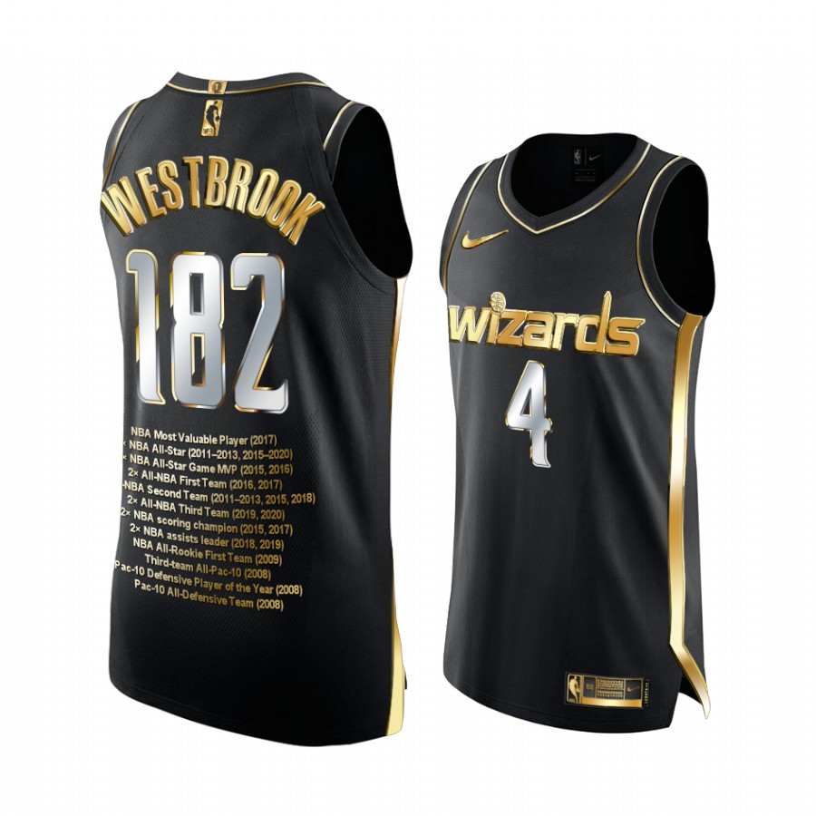 Russell Westbrook 182 Most Career Triple-double Wizards 2021 Black Jersey Golden Limited