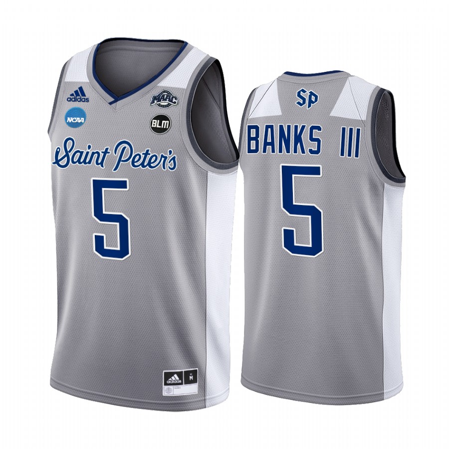 Saint Peter's Peacocks Daryl Banks III Jersey 2022 NCAA March Madness Grey Sweet 16 Uniform