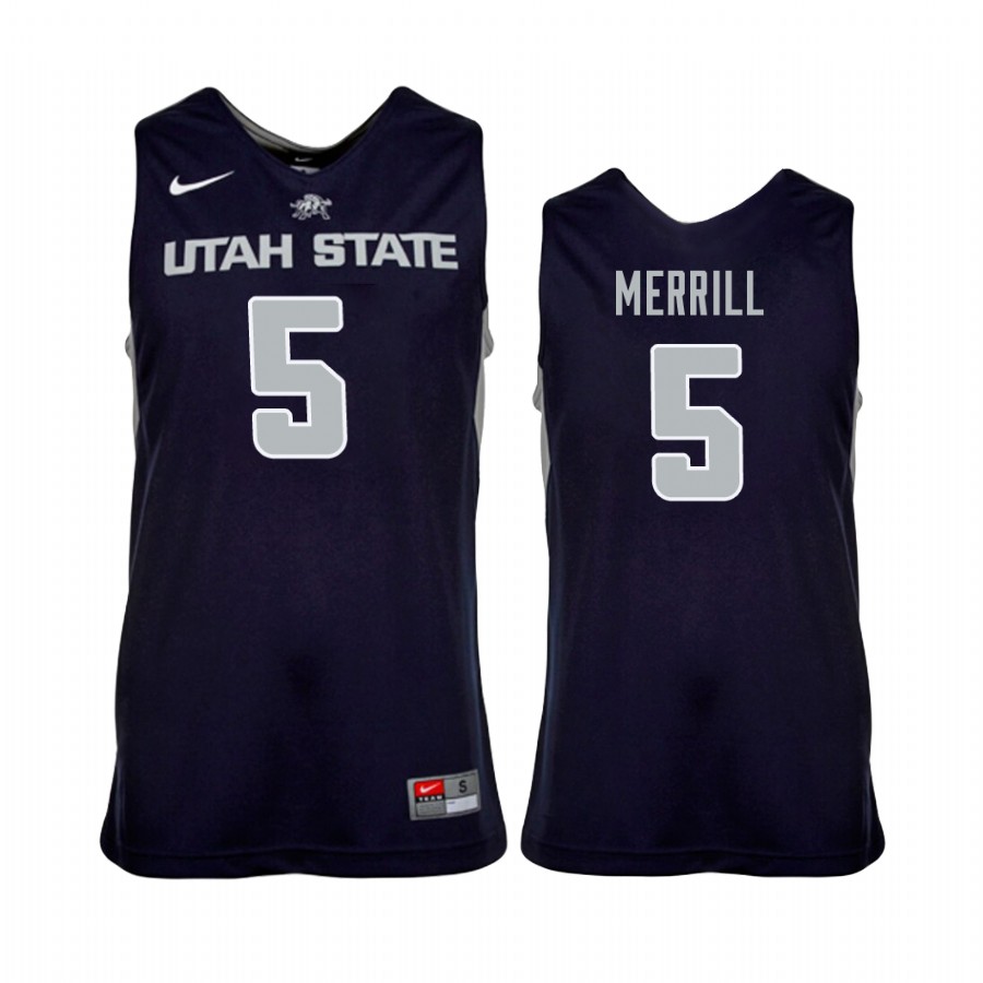 Sam Merrill Utah State Aggies #5  College  Jersey - Navy Blue