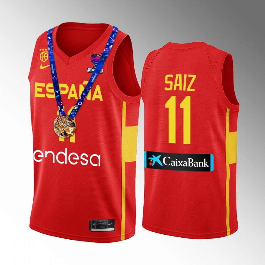 Sebas Saiz Spain Champs FIBA EuroBasket 2022 Red Jersey  Gold Medal #11