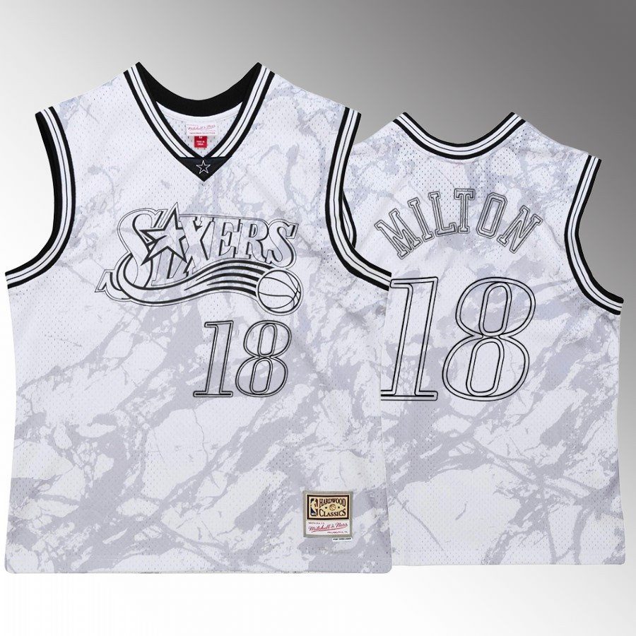Shake Milton #18 Philadelphia 76ers Marble White Hardwood Classics Jersey