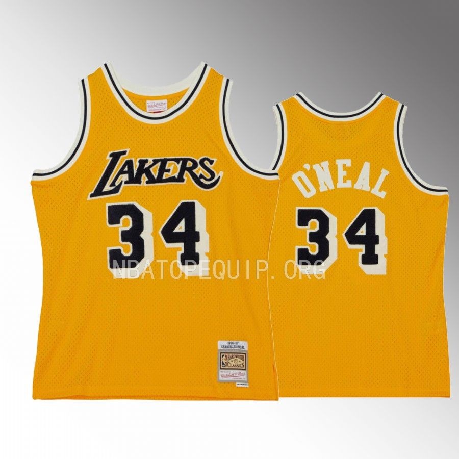 Shaquille O'Neal Los Angeles Lakers #34 Off Court Chenille Jersey Yellow Hardwood Classics 1996-97 Men