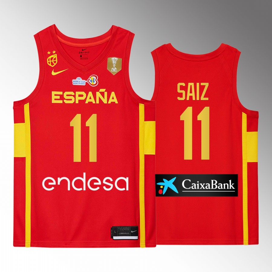 Spain Team #11 Sebas Saiz 2023 FIBA  World Cup Champions Patch Men Jersey Red