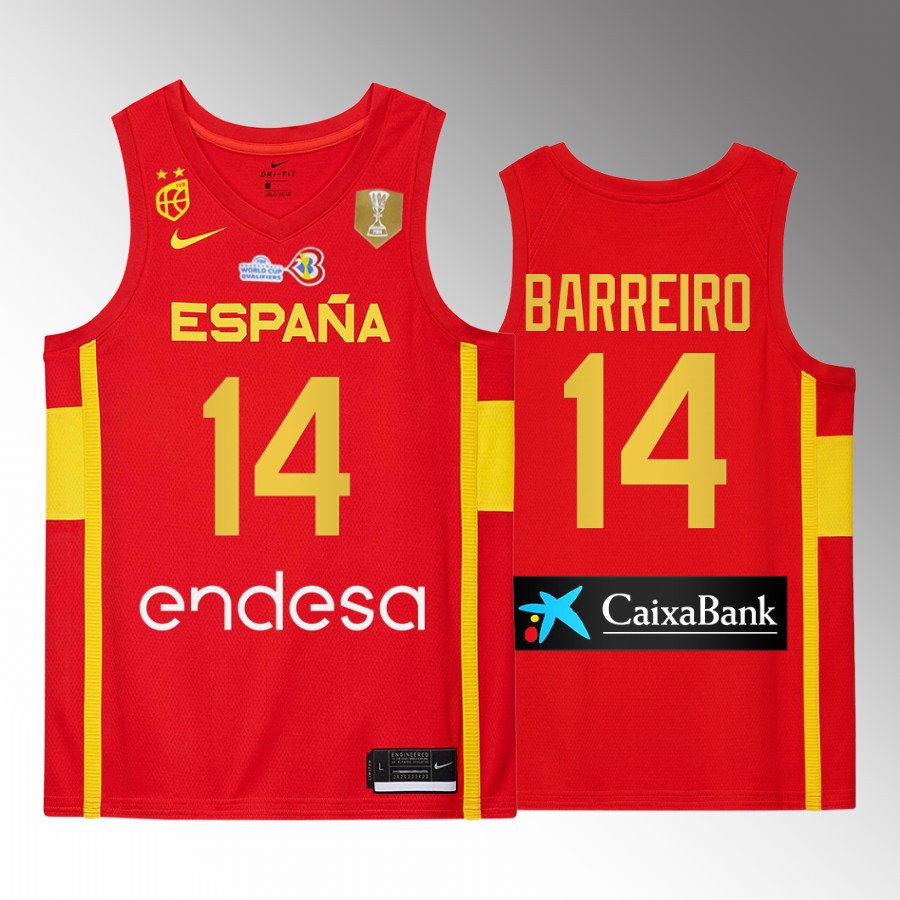 Spain Team #14 Jonathan Barreiro 2023 FIBA  World Cup Champions Patch Men Jersey Red