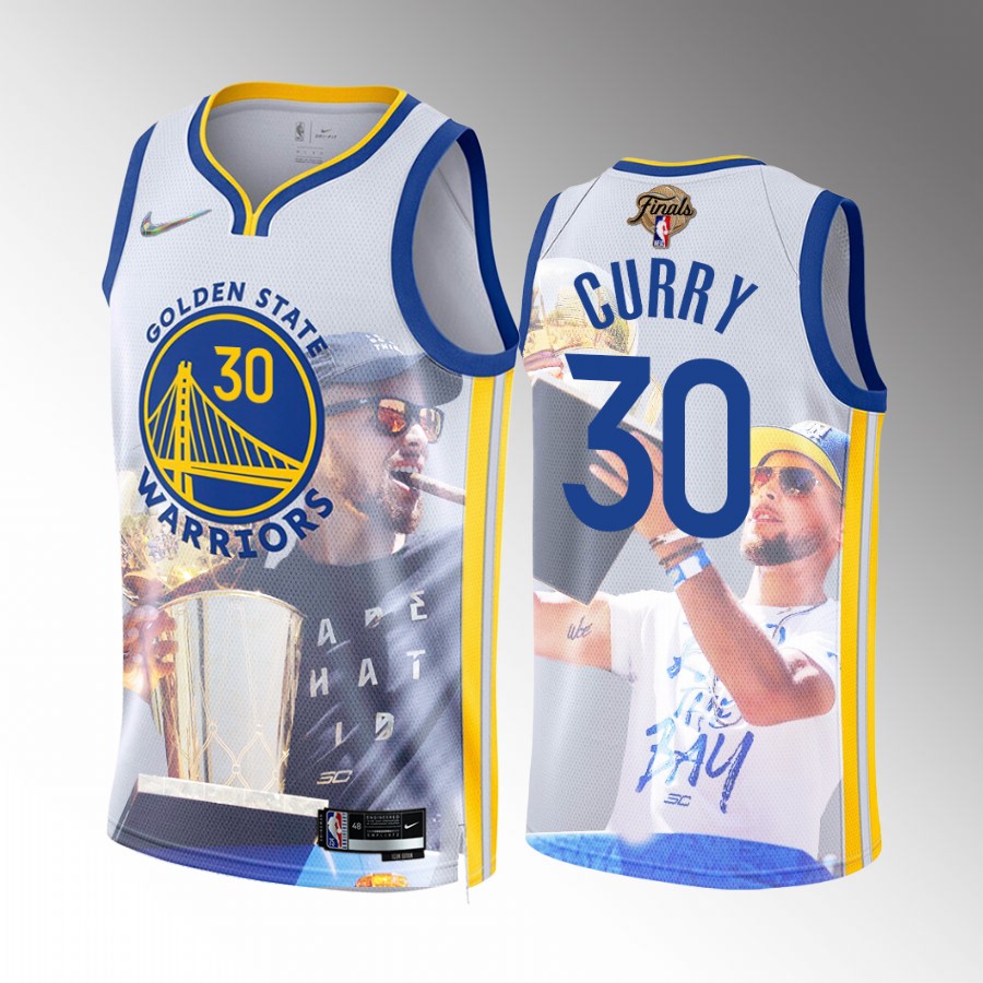 Stephen Curry Champs Trophy Parade Golden State Warriors #30 White Jersey Photo