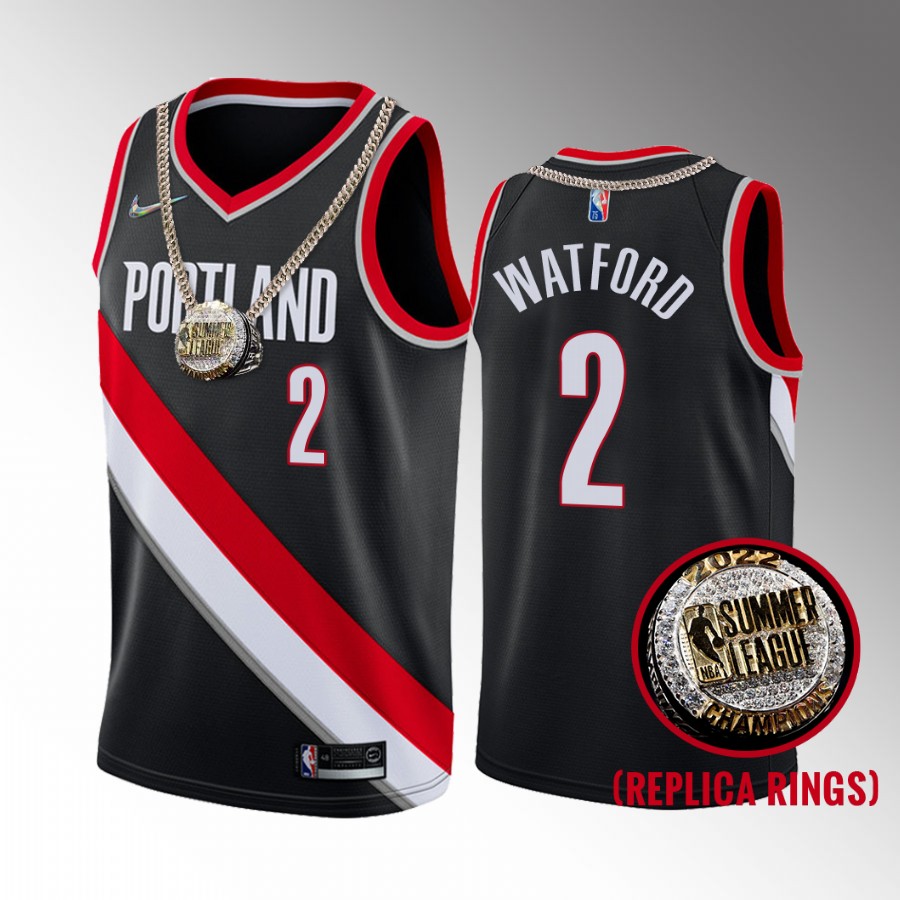 Trendon Watford 2022 Summer League Champs Portland Trail Blazers #2 Black Jersey  Ring