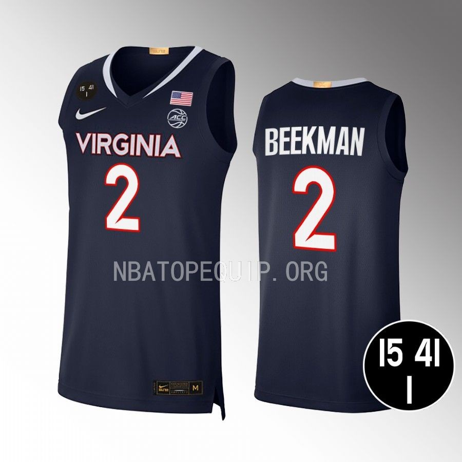 Virginia Cavaliers Reece Beekman Jersey 2022 Main Event Champs Navy UVA Strong Uniform
