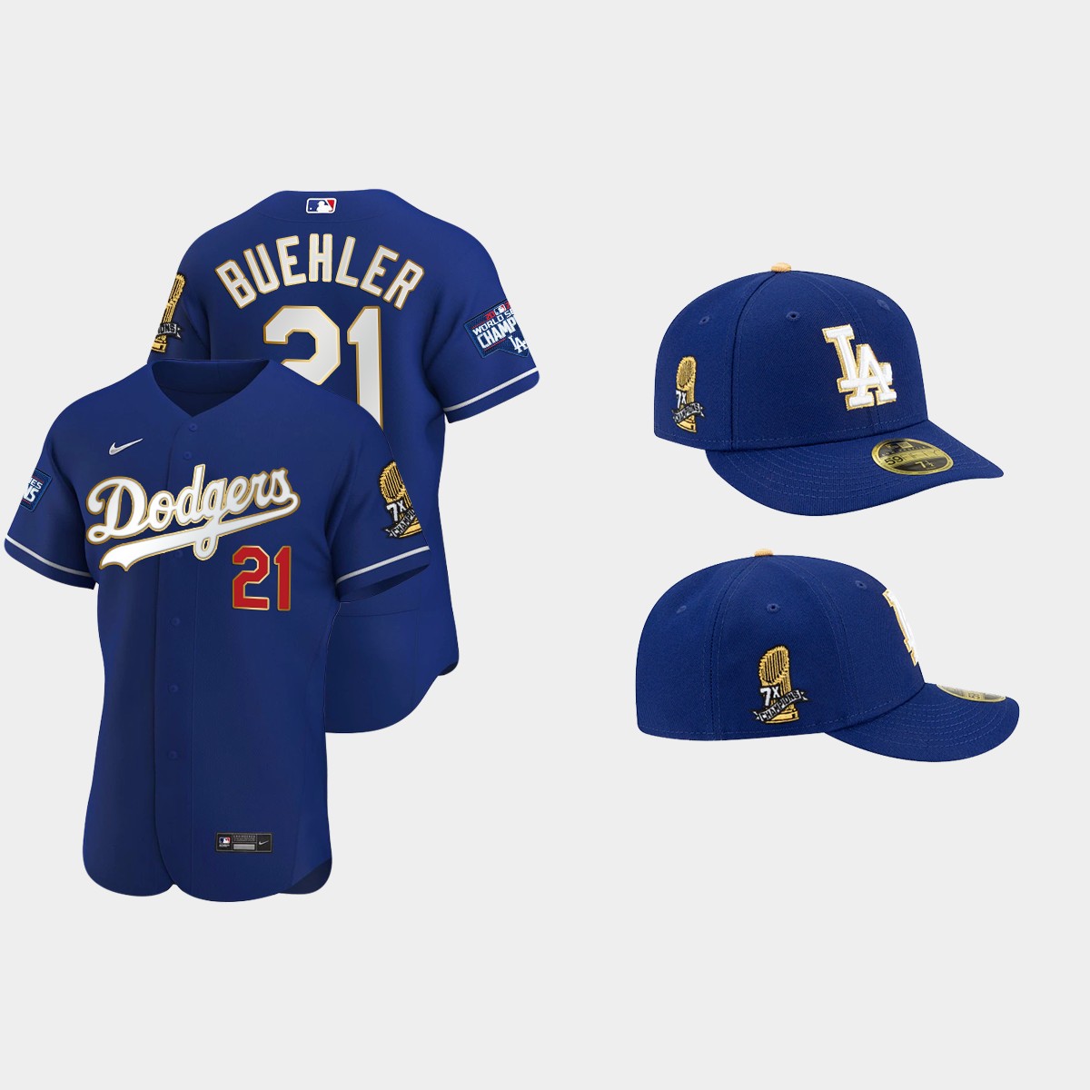 Walker Buehler Los Angeles Dodgers 7X Champs Trophy Jersey Cap Jersey - Royal