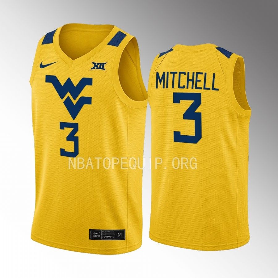 West Virginia Mountaineers Tre Mitchell Jersey 2022-23 Alternate  Gold Uniform