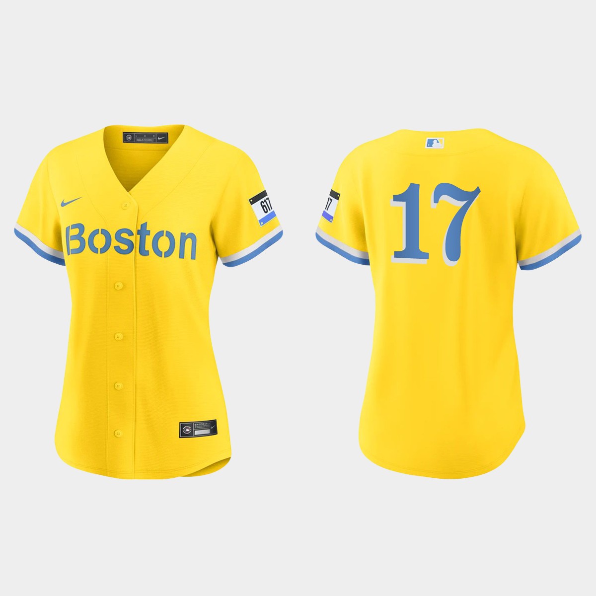 Women Boston Red Sox Bret Saberhagen Gold Light Blue 2021 City Connect  Jersey