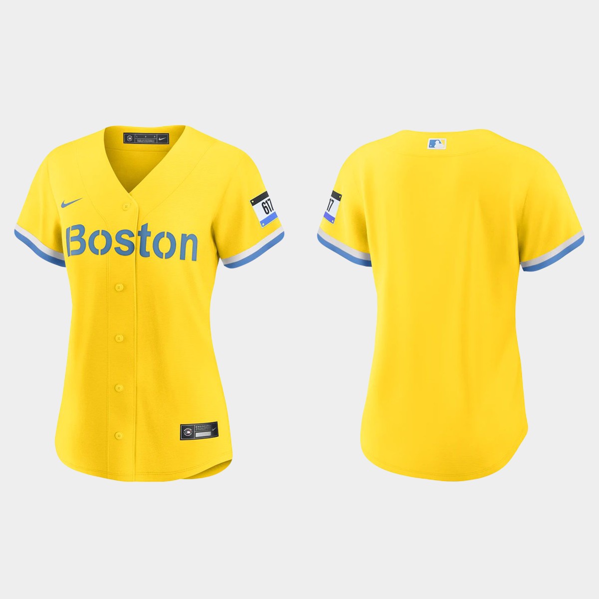 Women Boston Red Sox Gold Light Blue 2021 City Connect  Jersey