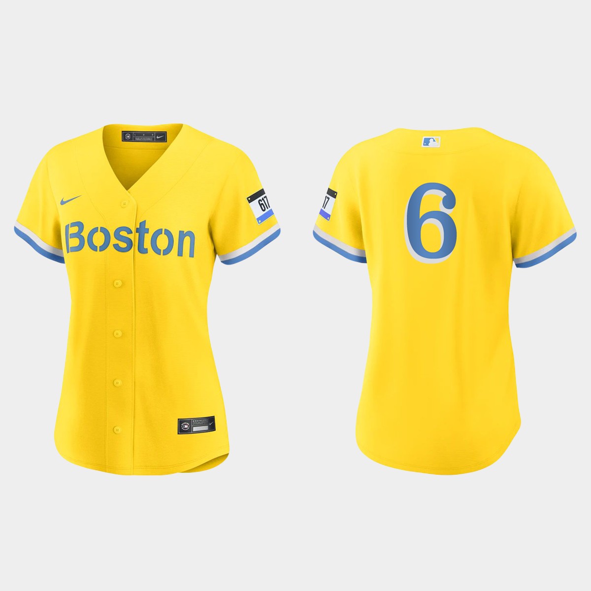 Women Boston Red Sox Johnny Pesky Gold Light Blue 2021 City Connect  Jersey