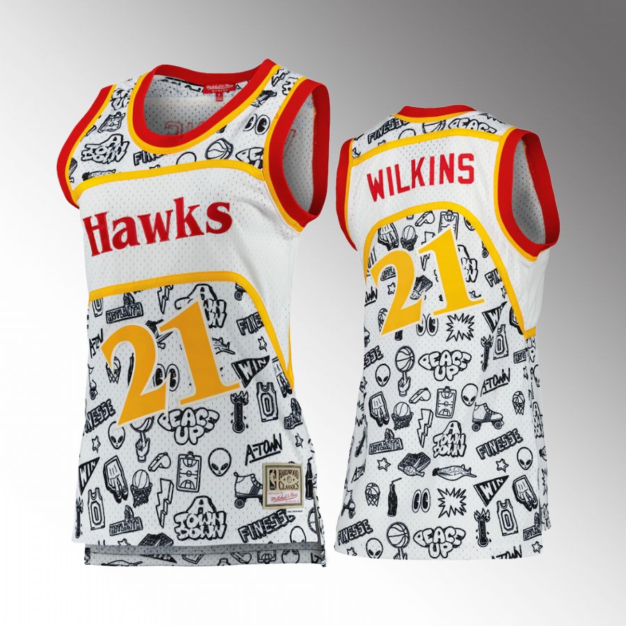 Women Dominique Wilkins Atlanta Hawks Doodle White Jersey 1986 Hardwood Classics
