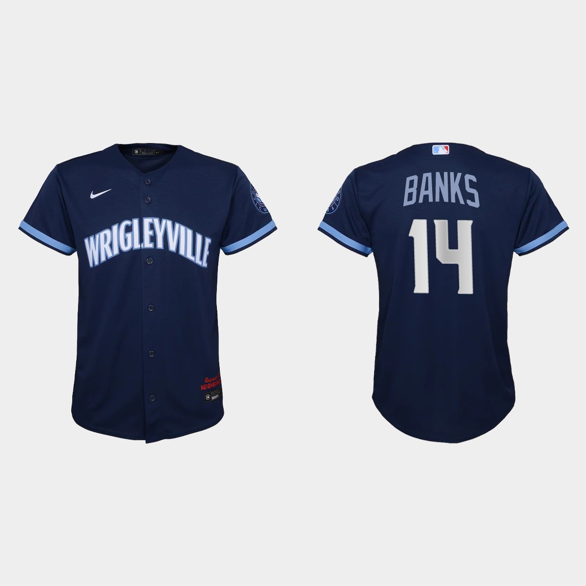 Youth Chicago Cubs #14 Ernie Banks Navy 2021 City Connect  Jersey