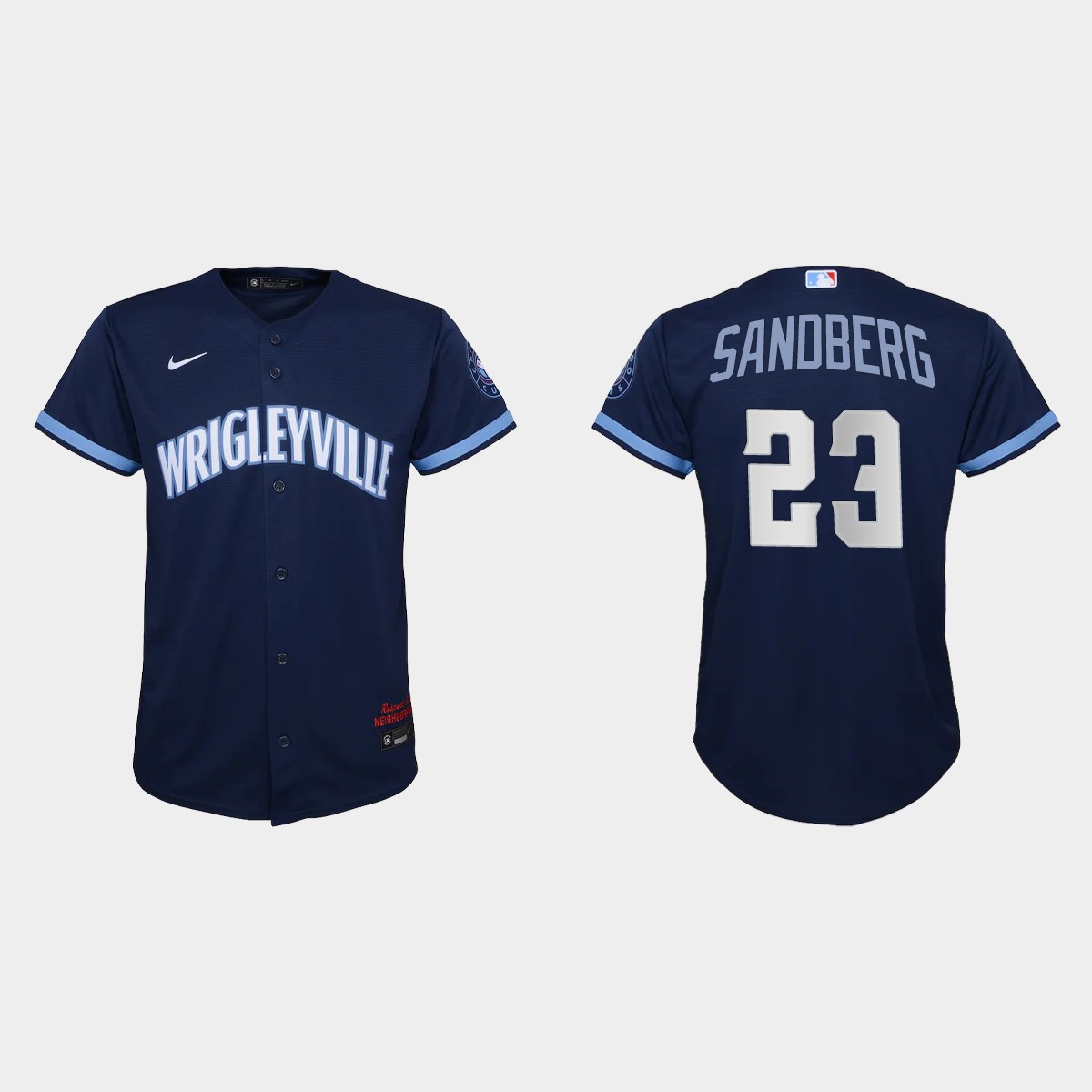 Youth Chicago Cubs #23 Ryne Sandberg Navy 2021 City Connect  Jersey