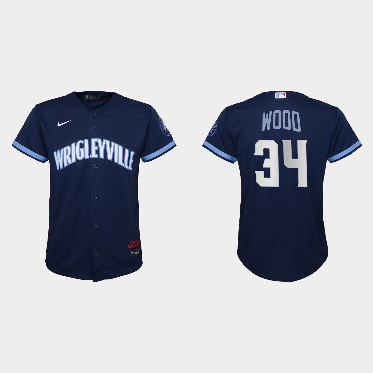 Youth Chicago Cubs #34 Kerry Wood Navy 2021 City Connect  Jersey