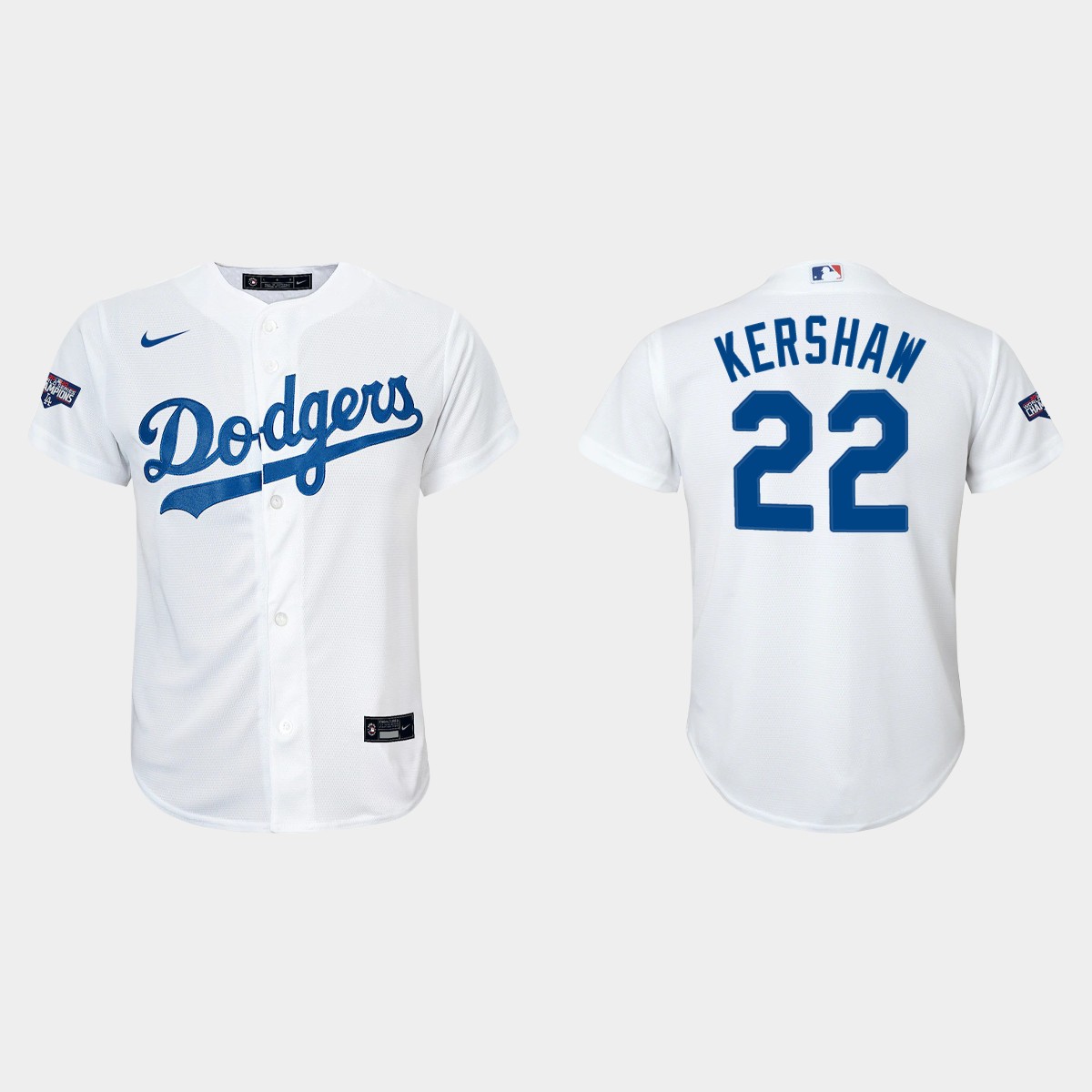 Youth Los Angeles Dodgers #22 Clayton Kershaw White 2020 World Series Champions Home  Player Jersey