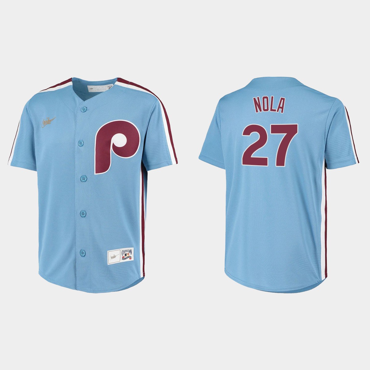 Youth Philadelphia Phillies #27 Aaron Nola Light Blue Cooperstown Collection Road Jersey